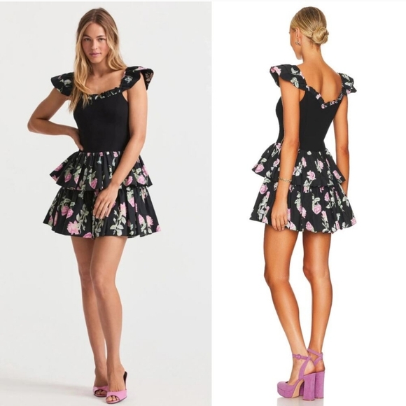 LoveShackFancy Sanam Mini Dress Painted Mime Black Floral Size 8 EUC - Picture 1 of 7